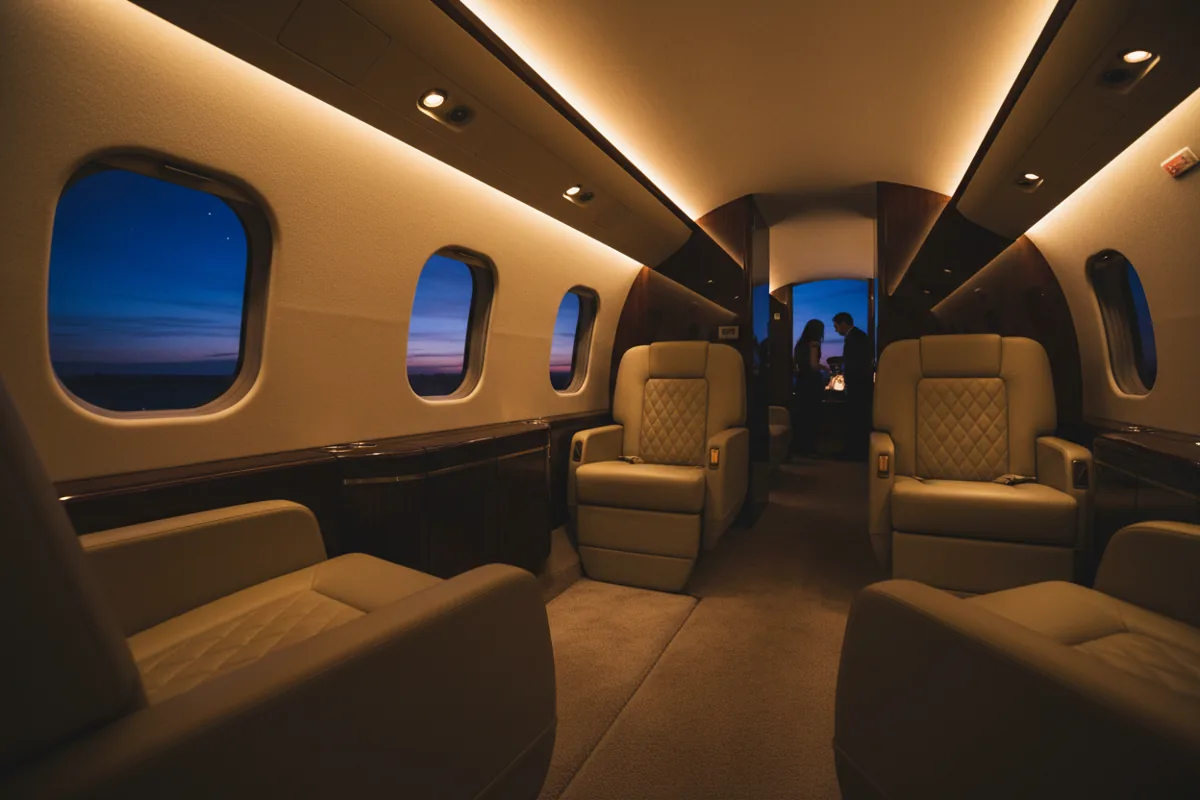 The luxurious, empty interior of a private jet cabin with warm lighting at twilight.
