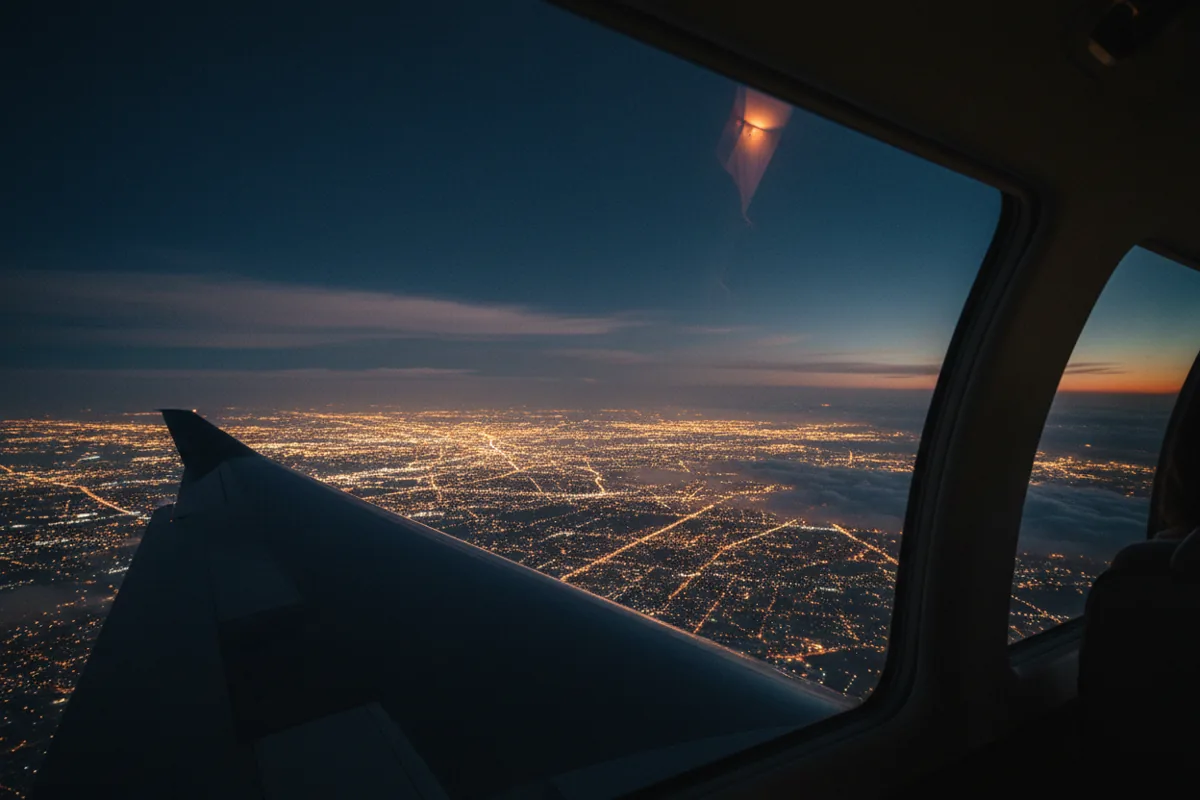A view of glowing city lights at night from an airplane window.