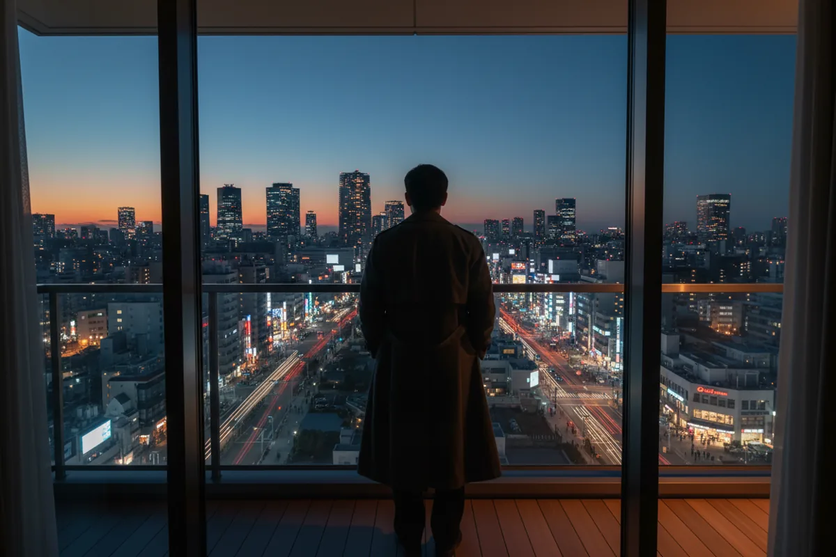 A person on a high-rise balcony overlooks a glowing city at night.