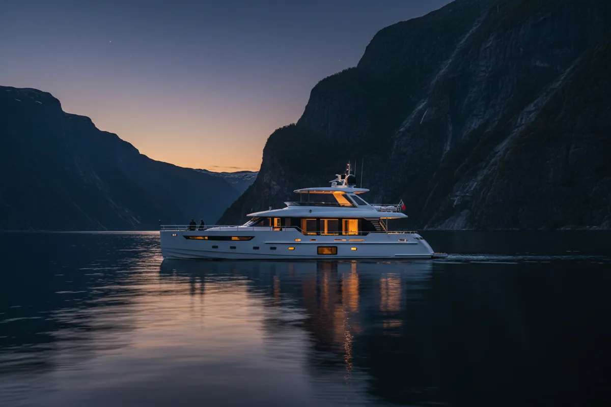 A luxury yacht with glowing lights sails through a fjord at twilight.