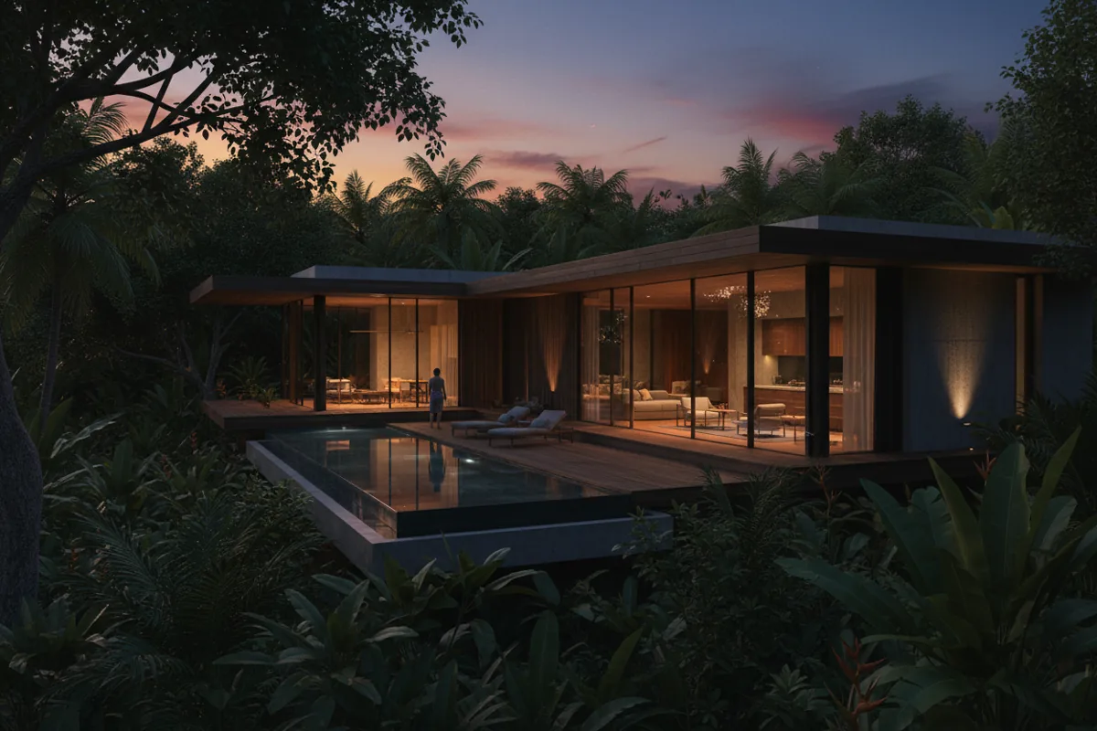 A modern glass villa glows warmly within a lush jungle at dusk.