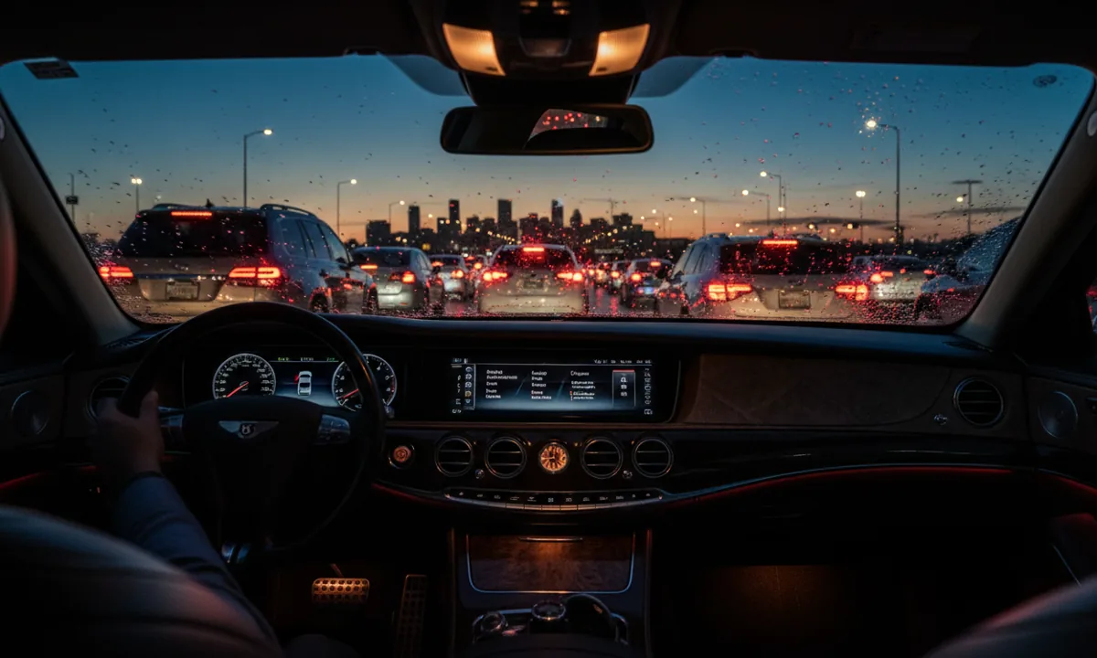 View of highway traffic at night from inside a car, with a city skyline in the distance.