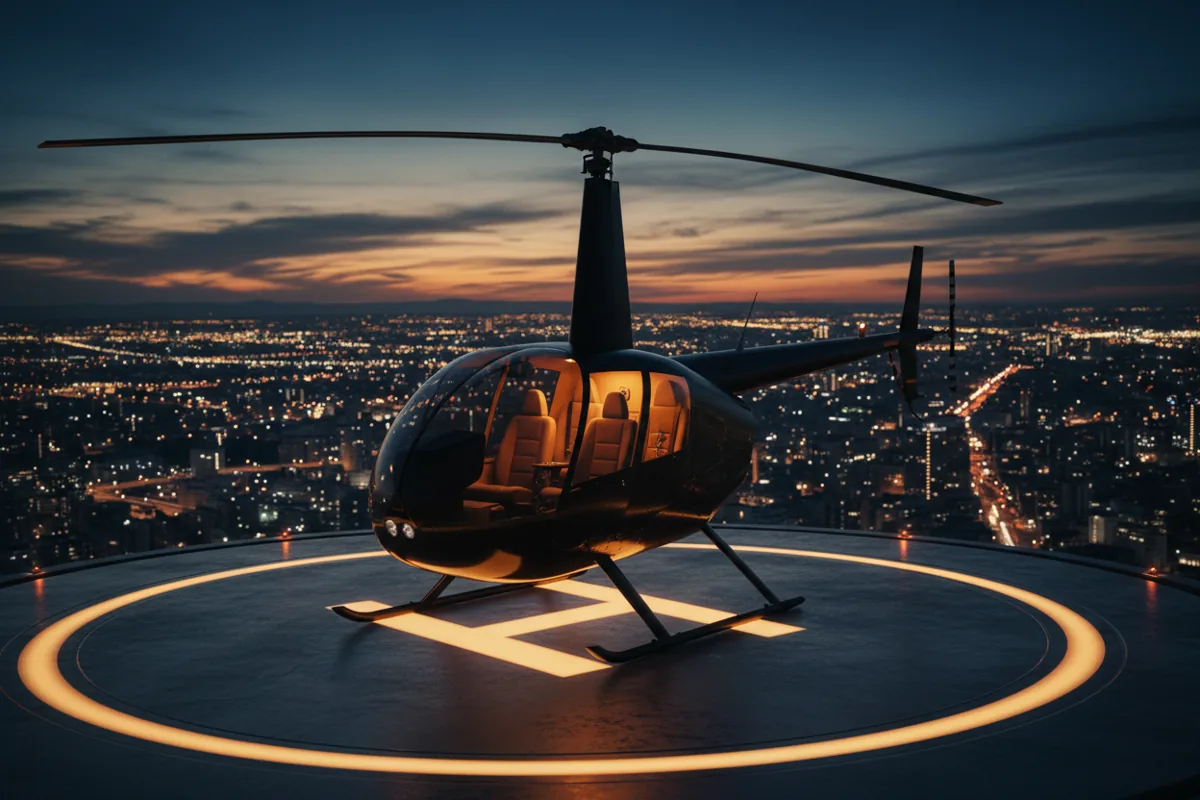 A helicopter on a helipad at dusk, overlooking a glowing city skyline.