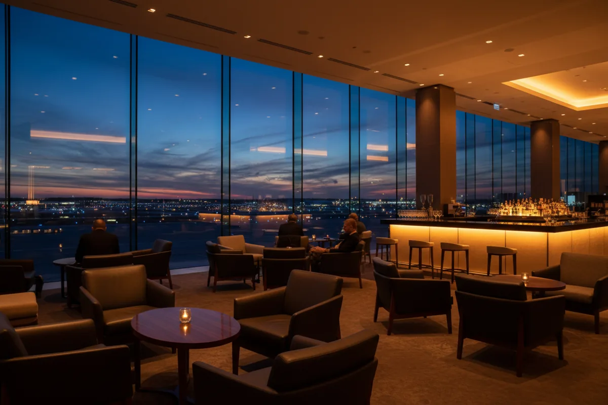 An empty, luxurious airport lounge with modern furniture overlooking the tarmac at dusk.