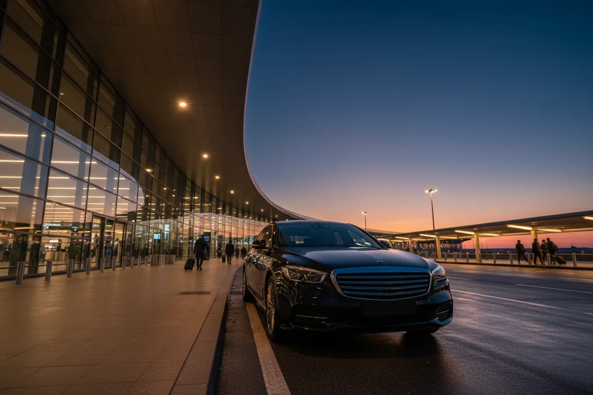 A black luxury car waiting outside an airport terminal at night.