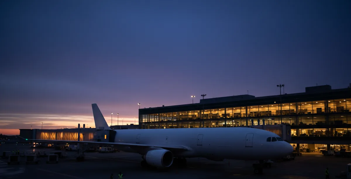 A plain white wide-body airliner at a JFK Airport gate at dusk.