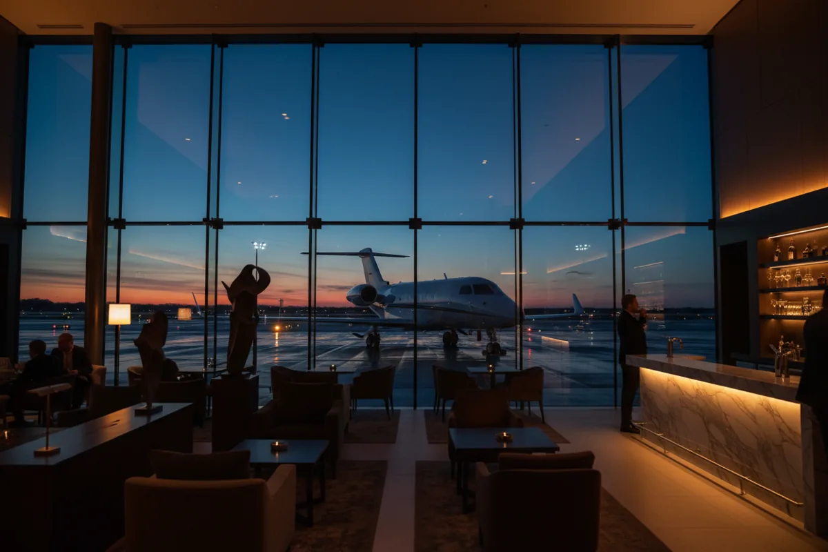 A modern private airport lounge at dusk, with a view of a jet on the tarmac.