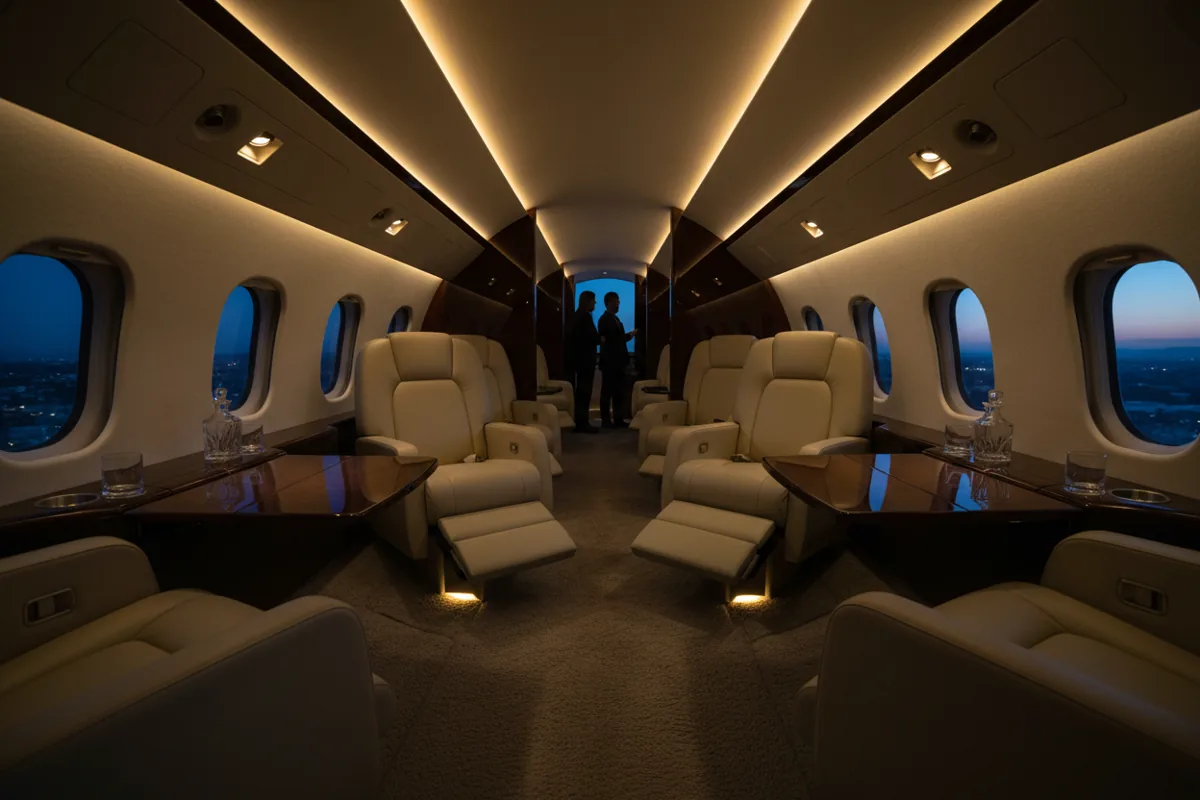 The luxurious, empty interior of a private jet cabin with warm lighting.