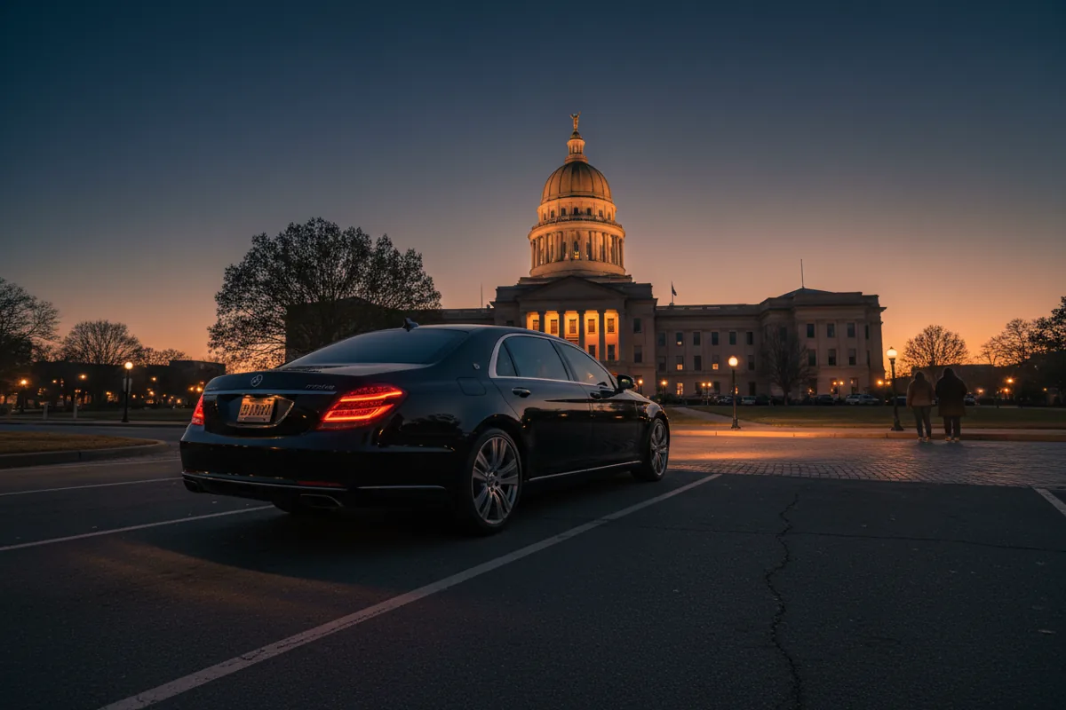 A luxury car parked in front of the illuminated Mississippi State Capitol building at dusk.