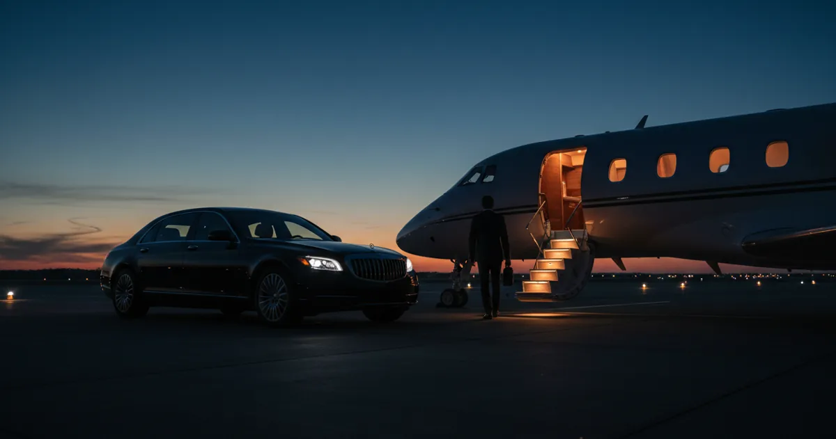 A luxury car and a person on the tarmac next to the stairs of a private jet at night.