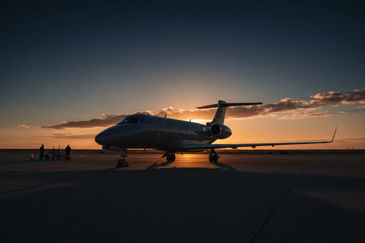 A private jet on the tarmac at sunset, ready for a charter flight from Jacksonville.