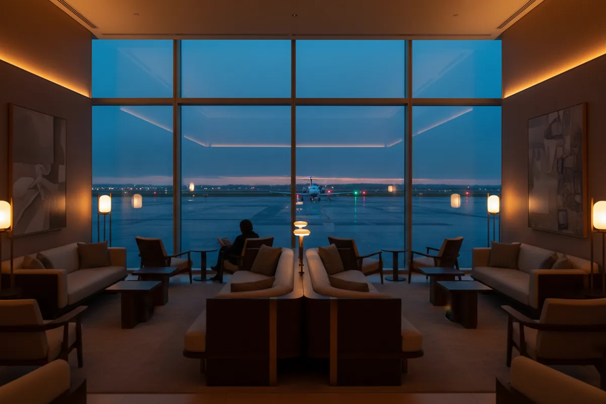 An empty, modern private airport lounge with large windows looking out onto a tarmac at night.