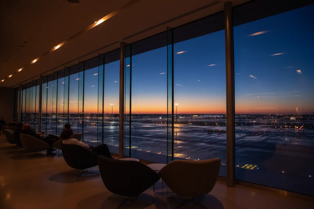 A modern, quiet airport lounge with large windows overlooking the airfield at dusk.