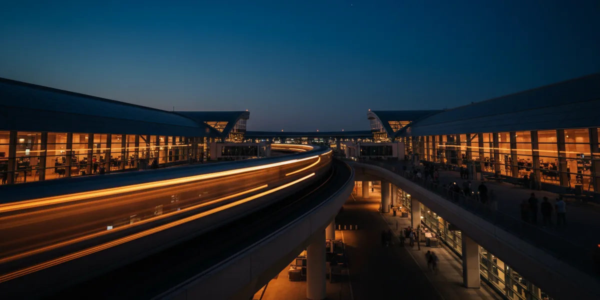 An airport train moves on an elevated track between terminals at night.