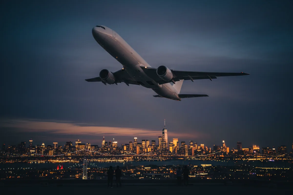 A passenger airplane takes off at night, with a city skyline visible in the distance.