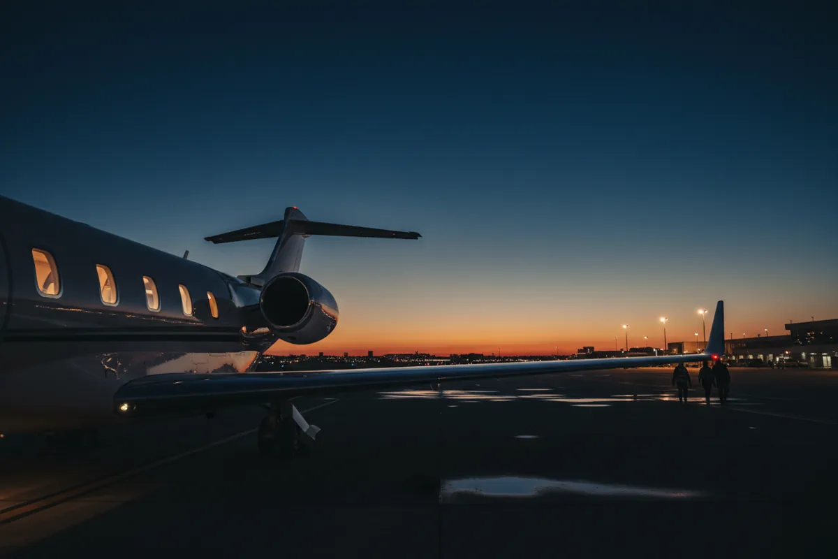 The sleek silver wing and engine of a private jet against a clear blue sky on an airport tarmac.