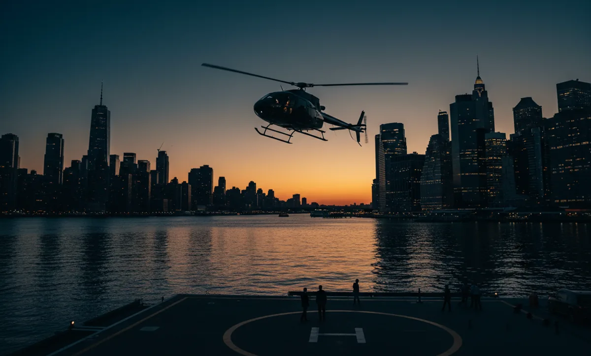 A helicopter takes off from a Manhattan heliport at dusk, surrounded by illuminated skyscrapers.