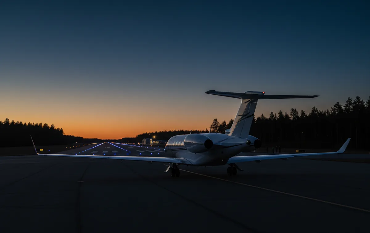 A light business jet parked at a small wooded private airport at twilight.