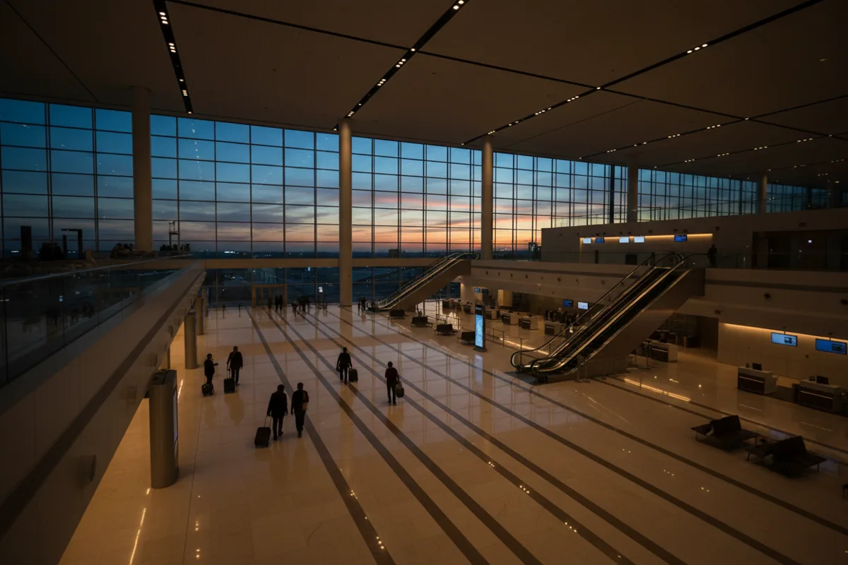 A spacious, modern airport check-in hall at dusk, viewed from above, with warm lighting and a few travelers.