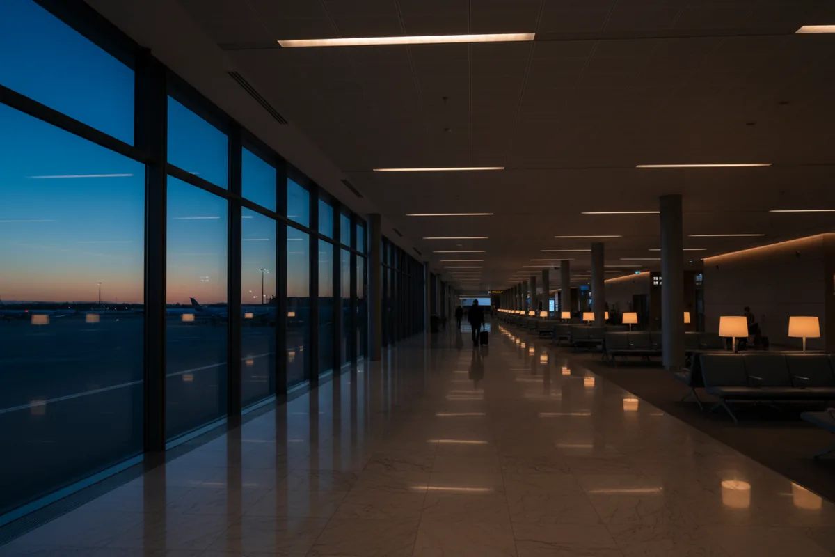 A modern airport gate area at dusk, with large windows overlooking the tarmac and warm interior lighting.