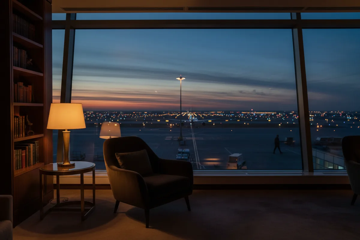 A comfortable chair inside a dark airport lounge faces a window overlooking the airfield lights at night.