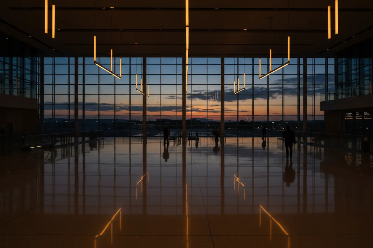 A spacious, modern airport concourse with high ceilings and a few travelers walking in the distance.