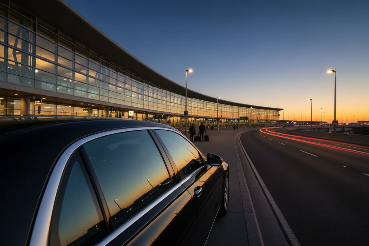 A black luxury car waiting at the curb of a glowing airport terminal at twilight.