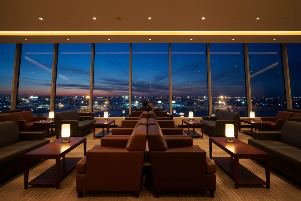 An empty, upscale airport lounge with comfortable seating and a view of the tarmac at night.