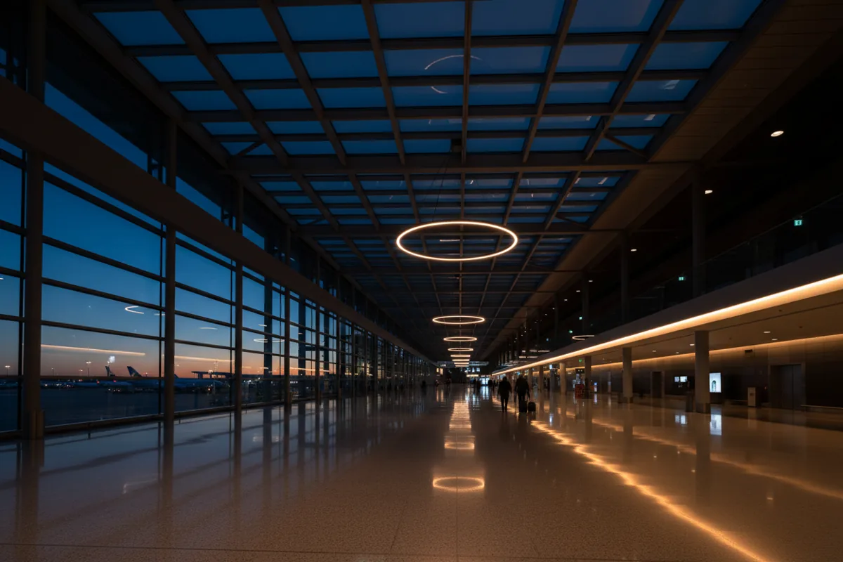 A spacious, modern airport concourse with high ceilings and a few travelers walking in the distance.
