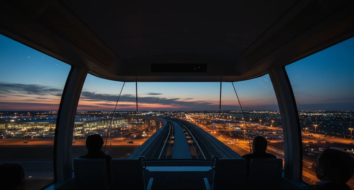 View from a moving airport train at dusk, looking out over the glowing lights of the terminals below.