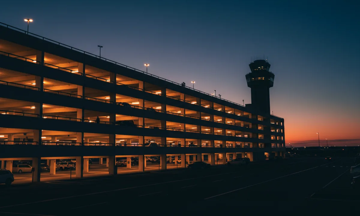 A multi-level airport parking garage illuminated at dusk, with the airport control tower in the background.