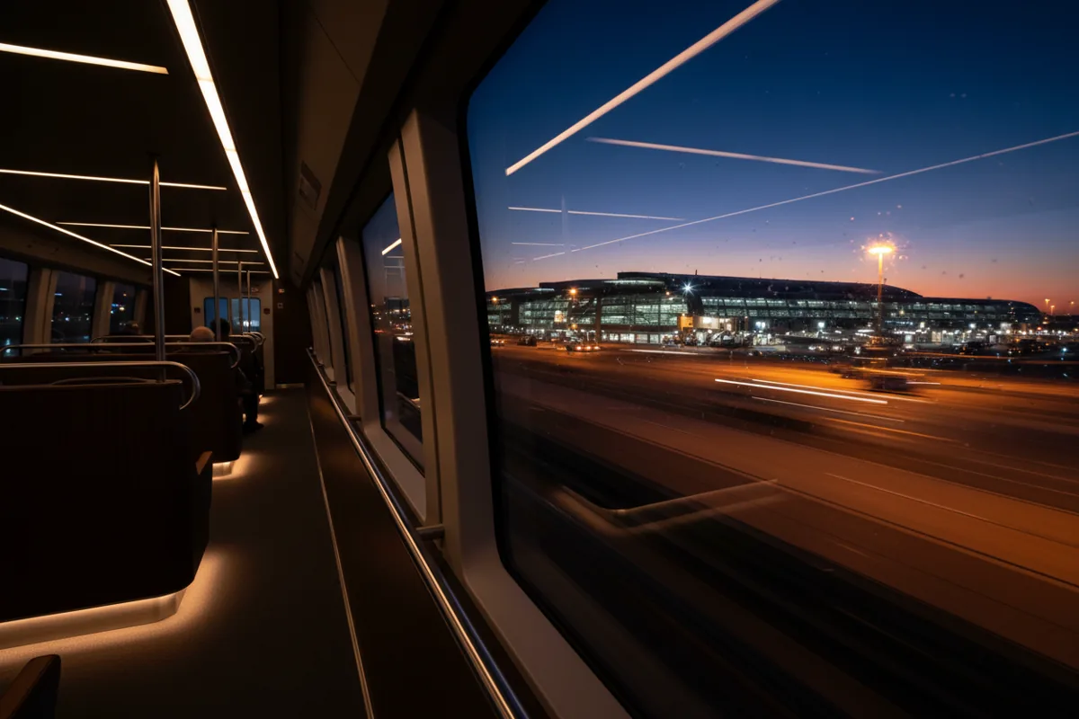 View from an airport train at dusk, looking out the window at a glowing terminal building.