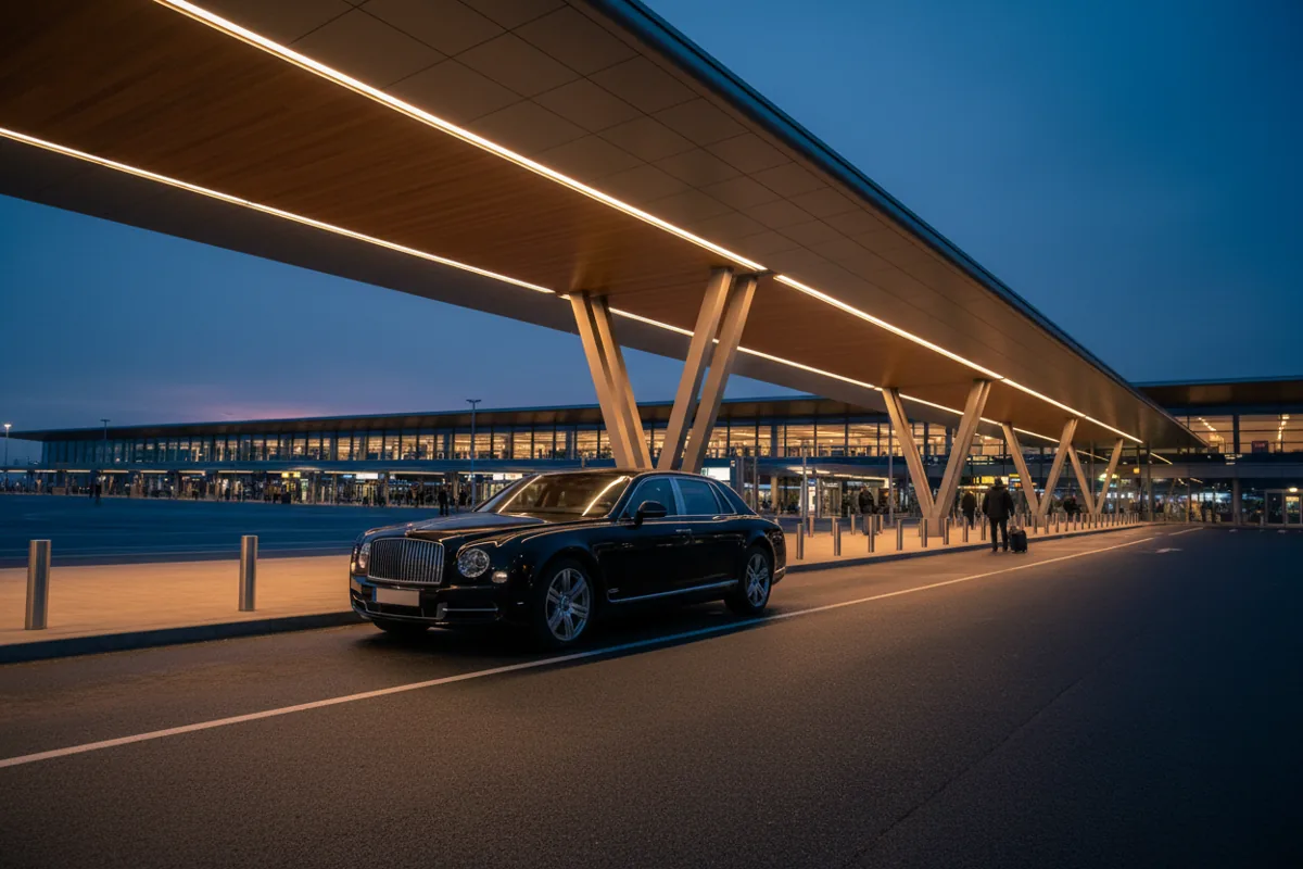 A luxury black car waiting at an airport terminal curb at twilight.