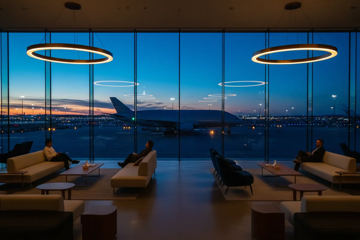 A modern airport lounge with a large window overlooking the tarmac at dusk.