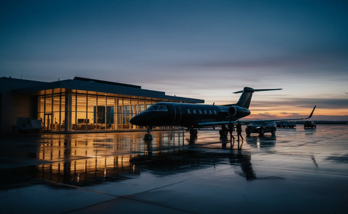 A private jet on an airport tarmac at dusk, with a modern terminal glowing in the background.