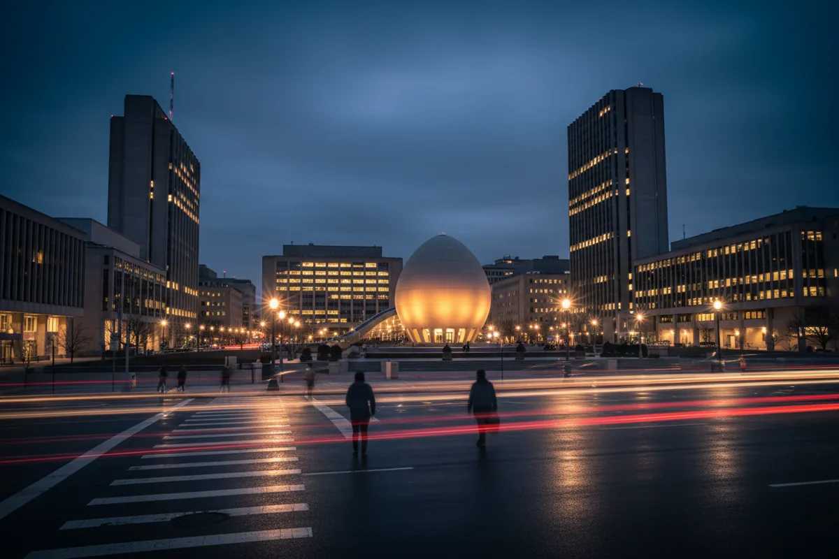 The modern architecture of the Empire State Plaza in Albany, New York, lit up at twilight.