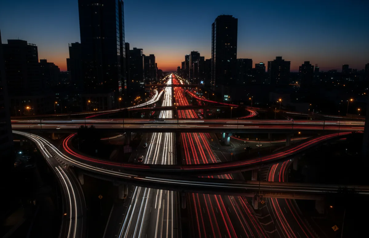 View from a helicopter looking down at a highway with heavy traffic at night.