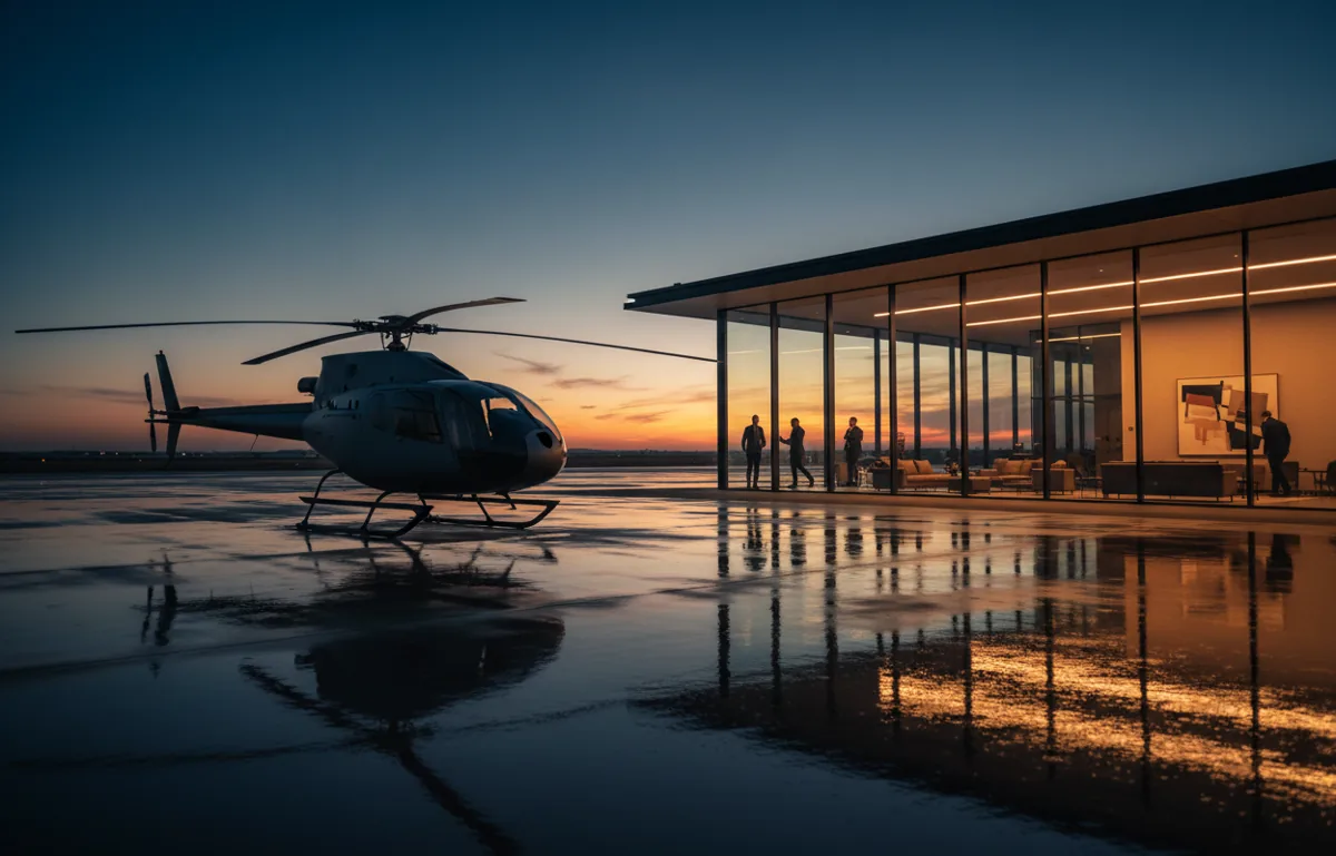 A helicopter parked on the tarmac outside a modern private air terminal at dusk.