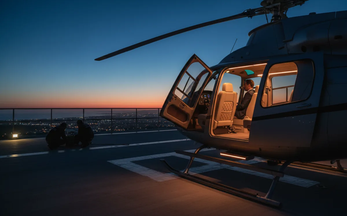 The open door of a luxury helicopter at twilight, showing its plush interior seating.