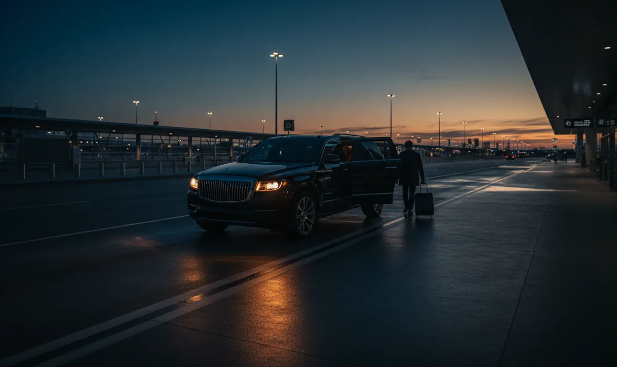 A black SUV waiting for a passenger at an airport terminal curb at dusk.