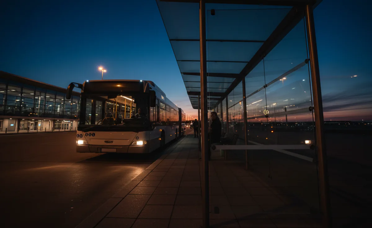 A city bus stopped at a modern bus shelter outside an airport at night.