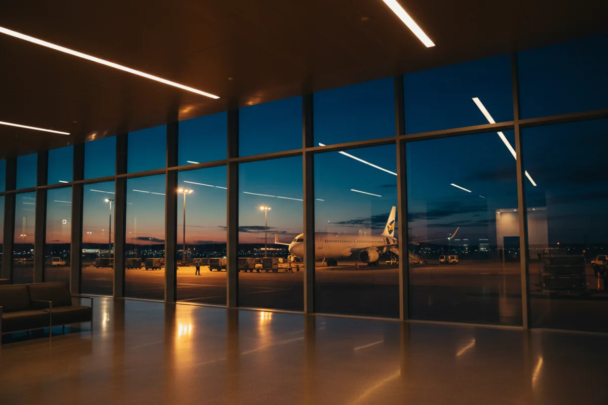 An airplane on the tarmac at dusk, viewed from inside an airport terminal window.