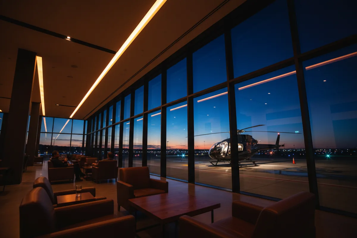 A helicopter on an airport tarmac at dusk, seen from inside a modern lounge.