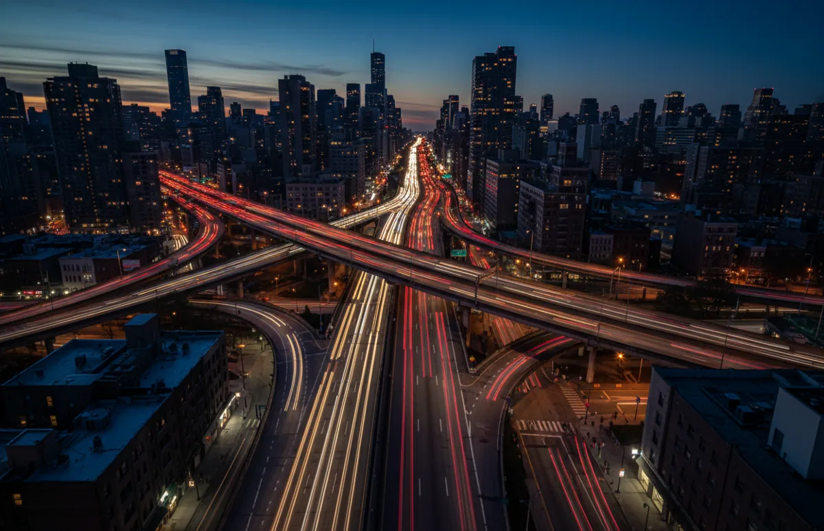 Streaks of car lights show heavy traffic on a New York City highway at dusk.