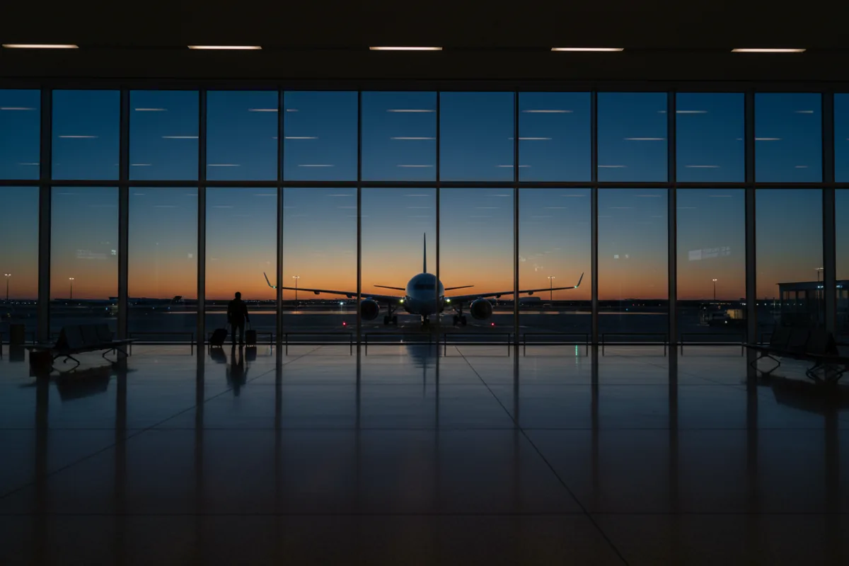 A modern airport terminal at dusk, with an airplane visible on the tarmac through a large window.