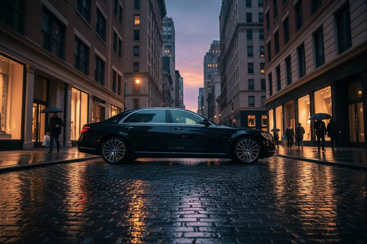 A luxury black sedan parked on a city street at night, with warm lights reflecting on the wet pavement.