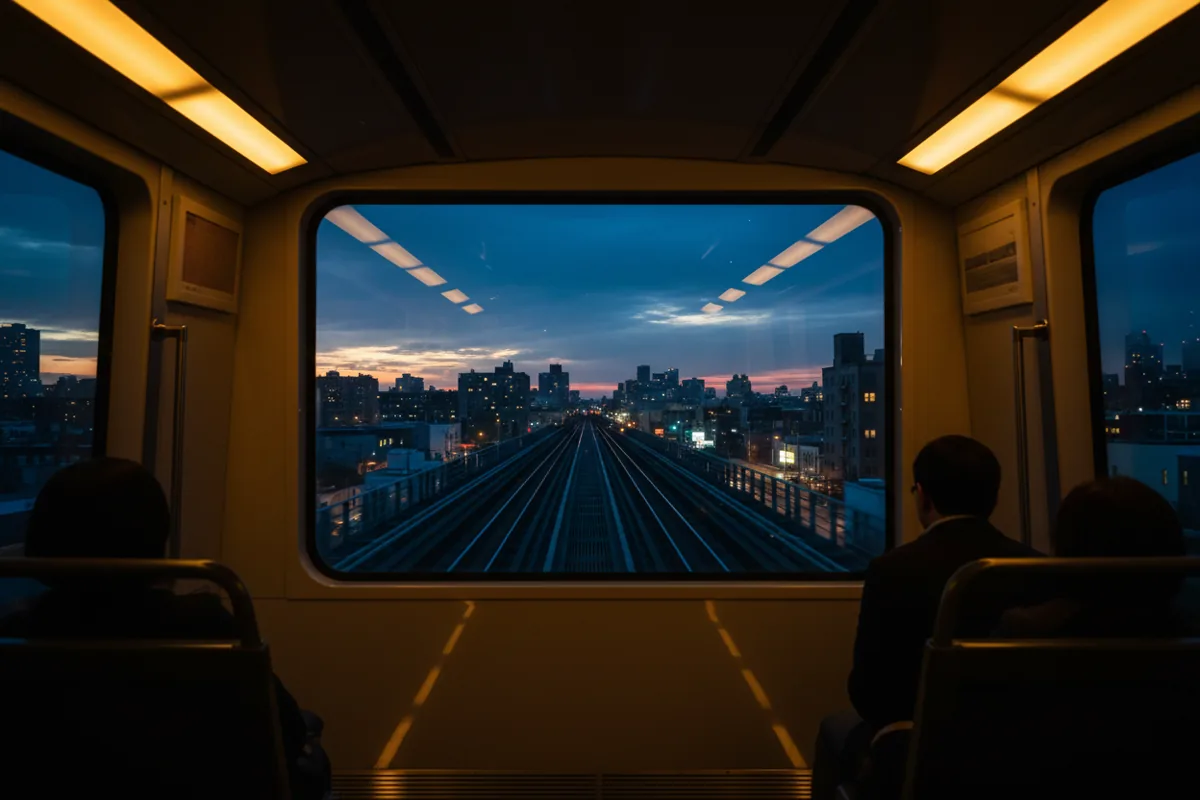 View from the back of a moving elevated train at dusk, showing tracks and city lights through the rear window.
