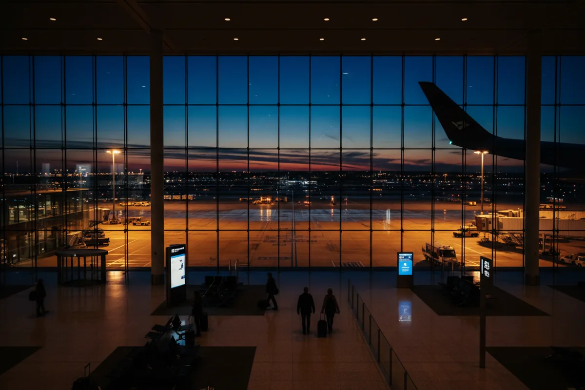 A modern airport terminal lounge at dusk overlooking the tarmac.