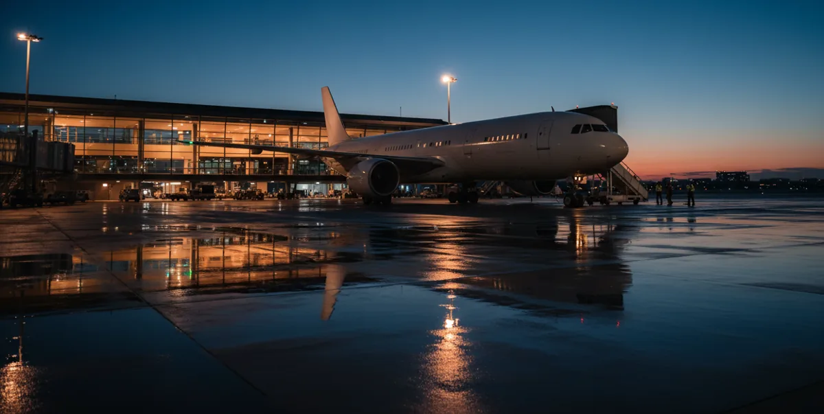 A passenger airplane parked at an airport gate at night.