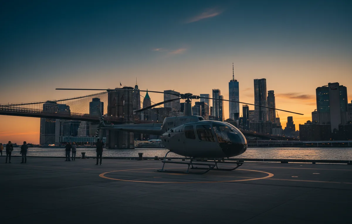 A helicopter on a Manhattan heliport pier at sunset with the Brooklyn Bridge and Lower Manhattan behind it.